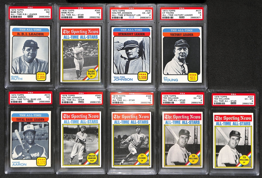 1973 Topps and 1976 Topps PSA Graded Lot (9 Cards) - All-Time Greats w/ Babe Ruth