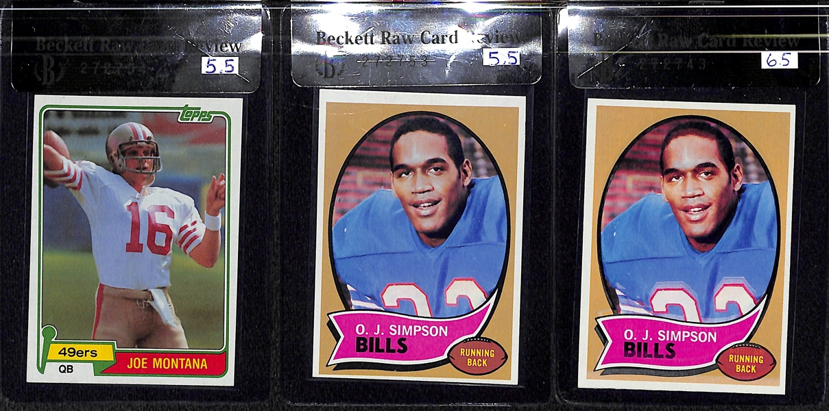 Joe Montana & OJ Simpson Rookie Card Lot - (2) 1970 Simpson; and one 1981 Montana.