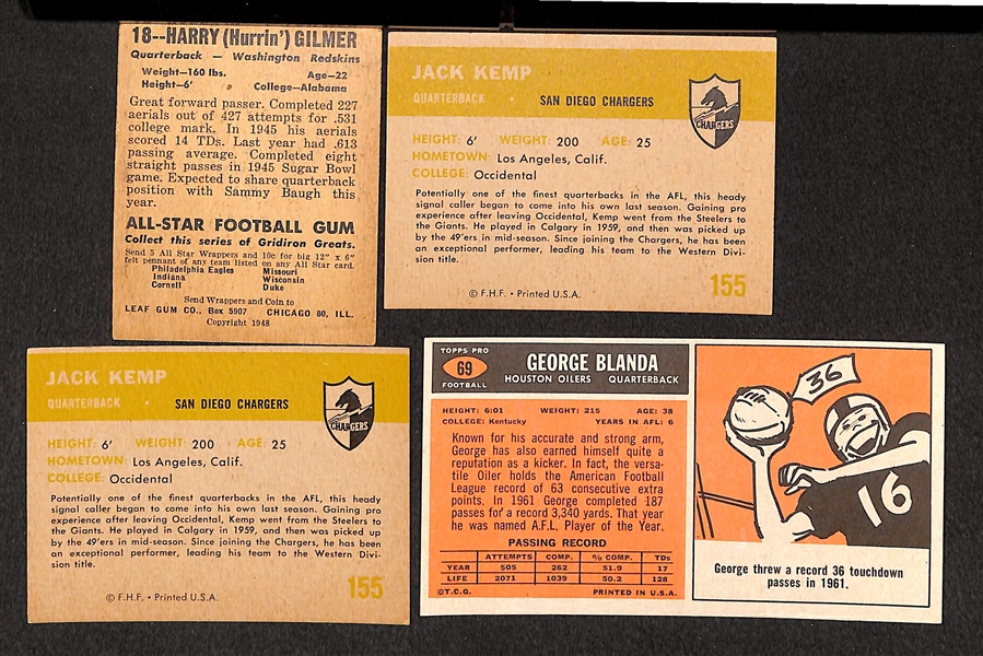 Lot of 4 Football Stars - 1948 Leaf Gilmer, 1961 Fleer Kemp x2, 1965 Topps Blanda