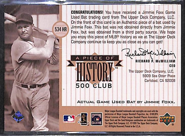 1999 Upper Deck A Piece Of History '500 Club' Jimmie Foxx Bat Relic Card - RARE EARLY GAME-USED BAT RELIC