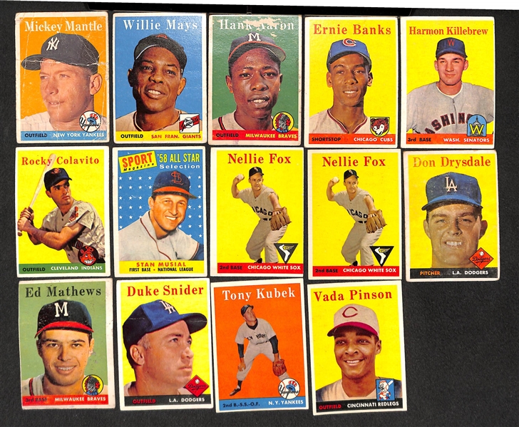Lot of 14 - 1958 Topps Baseball Cards w. Mickey Mantle