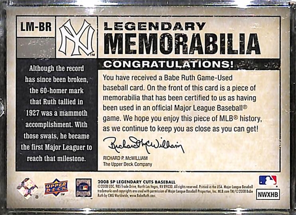 2008 Upper Deck SP Legendary Cuts Baseball Babe Ruth Game-Used Bat Relic Card #8/25