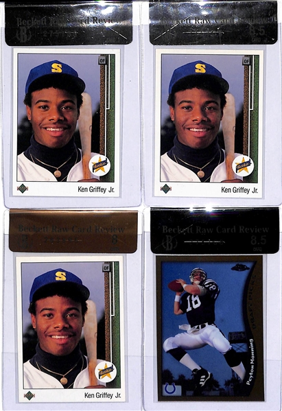 Ken Griffey Jr Upper Deck Rookie Lot (3) and Peyton Manning Topps Chrome Rookie