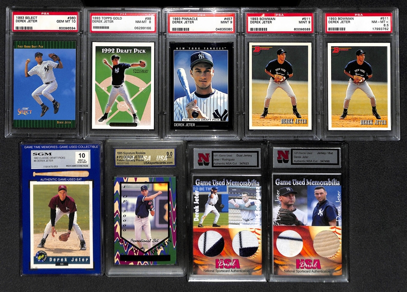 Lot of 9 1993 Derek Jeter Graded Rookie & Base Cards Including 1993 Select #360 PSA 10 Gem Mint