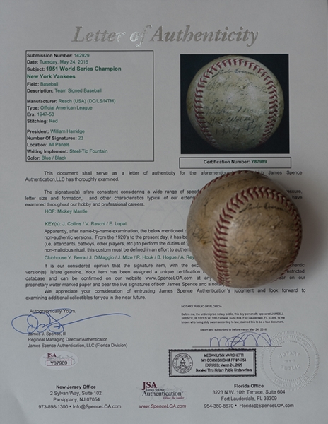 1951 WS Champion New York Yankees Team Signed Baseball w. First Year Mickey Mantle Autograph - JSA