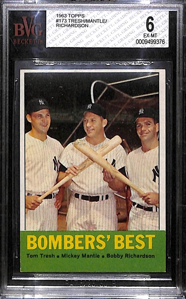 1963 Topps Bomber's Best Card (BVG 6 EX-MT) with Mickey Mantle, Tresh, and Richardson (Card # 173)