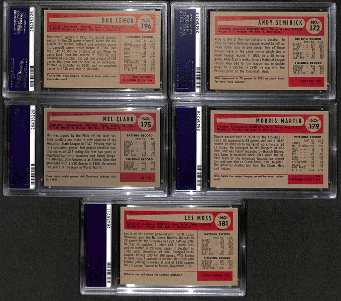 Lot of 5 High Grade 1954 Bowman Baseball Cards (all PSA 8 NM-MT) w/ Bob Lemon and Martin 4.44 ERA Card