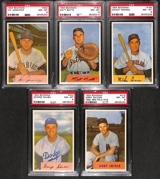 Lot of 5 High Grade 1954 Bowman Baseball Cards (all PSA 8 NM-MT) w/ Snyder (.988/.988), Shuba, and Janowicz