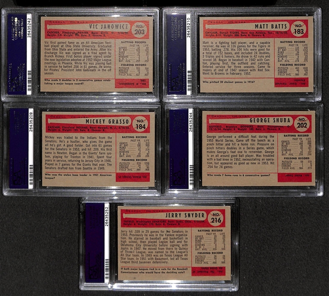 Lot of 5 High Grade 1954 Bowman Baseball Cards (all PSA 8 NM-MT) w/ Snyder (.988/.988), Shuba, and Janowicz