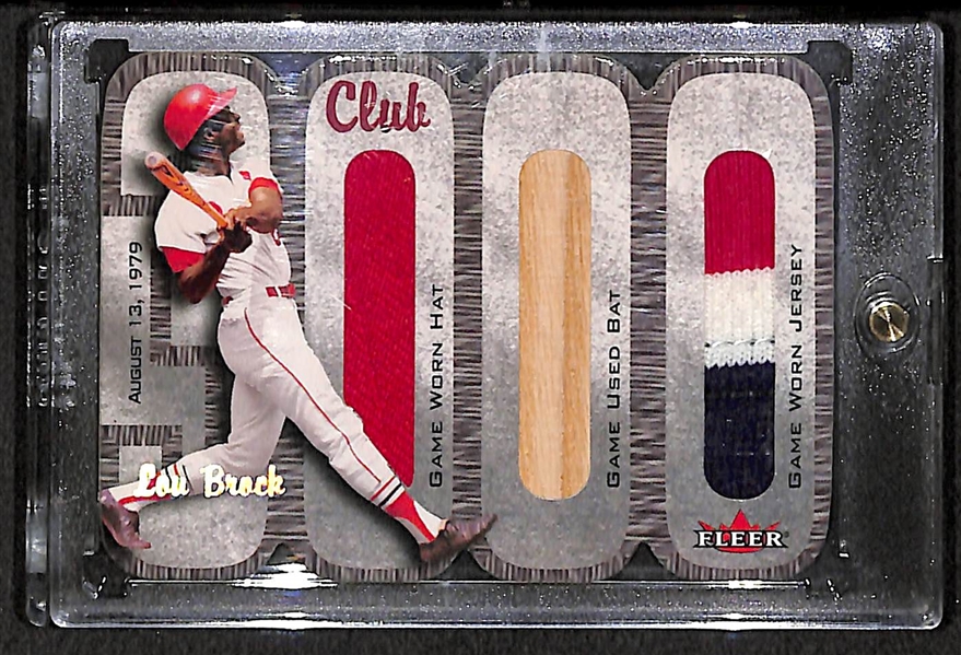 2000 Fleer Lou Brock 3000 Club Hat/Bat/Patch Card /25