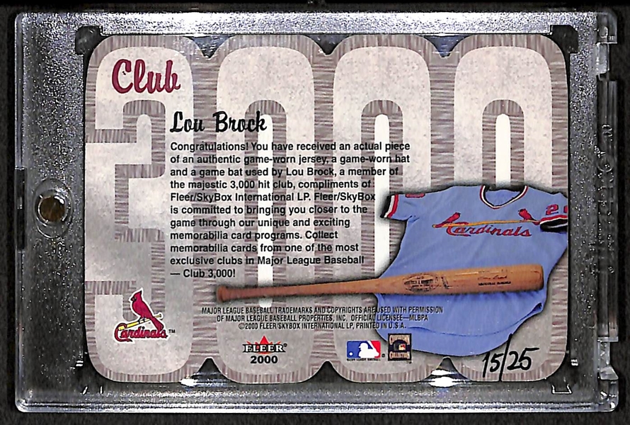 2000 Fleer Lou Brock 3000 Club Hat/Bat/Patch Card /25