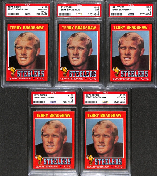 Lot of 5 1971 Topps #156 Terry Bradshaw Rookie Cards - PSA 8(OC)/7/5/4