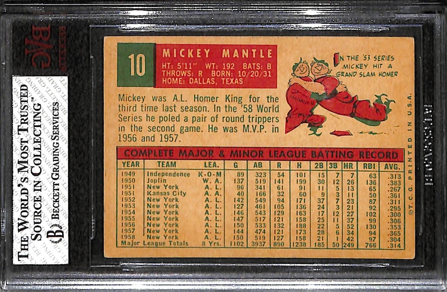 1959 Topps #10 Mickey Mantle Graded BVG 6.5 (EX-MT+)