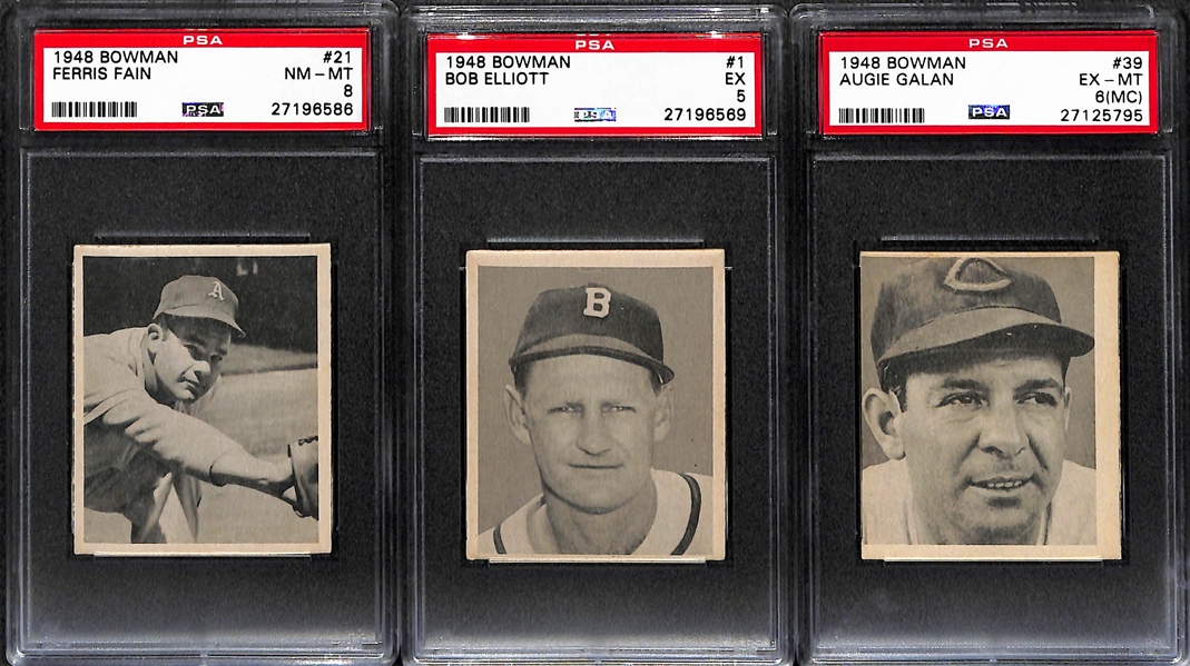 Lot of (3) 1948 Bowman Baseball Cards w/ High Grade Ferris Fain Rookie PSA 8 and #1 Bob Elliott Rookie (PSA 5)