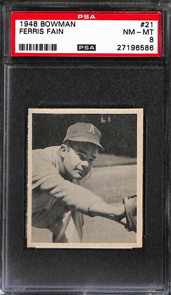 Lot of (3) 1948 Bowman Baseball Cards w/ High Grade Ferris Fain Rookie PSA 8 and #1 Bob Elliott Rookie (PSA 5)
