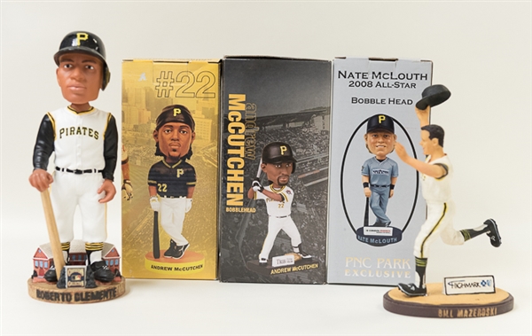 Lot of 5 Pittsburgh Pirates Bobbleheads and Figurines (Clemente, 2 McCutchen, Mazeroski, and McLouth)