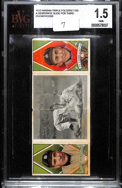 1912 Hassan Triple Folder T202 Ty Cobb & Chas. O'Leary A Desperate Slide for Third BVG 1.5 FR