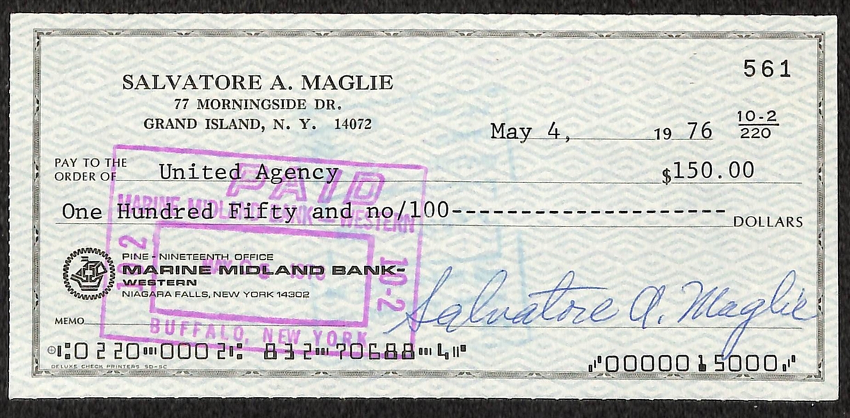 Happy Chandler (HOF) and Sal Maglie Signed Checks