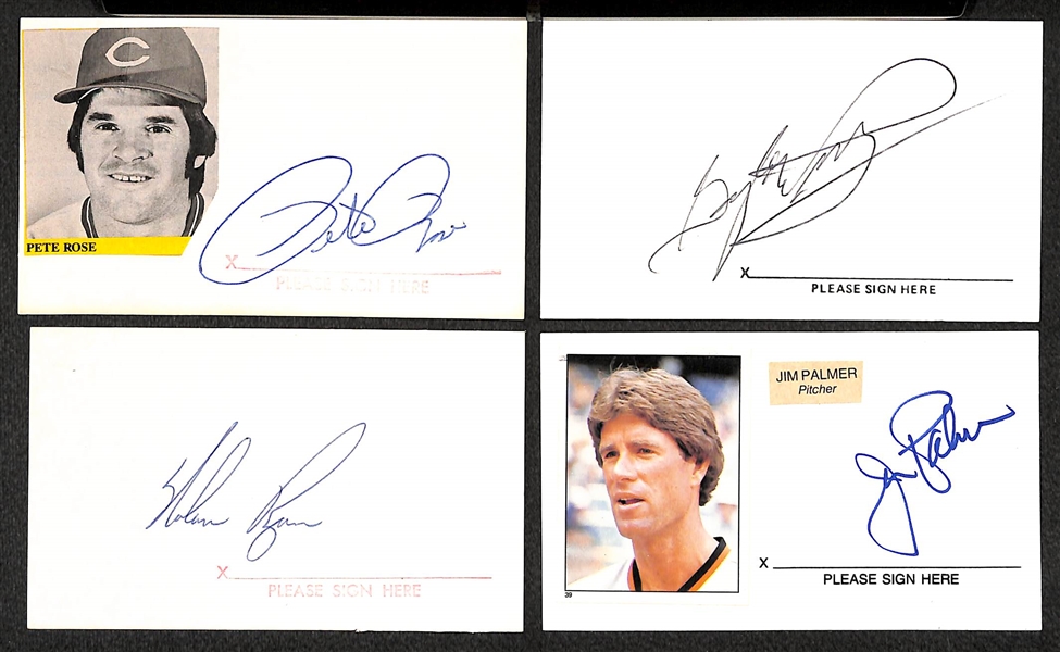 Lot of (4) Signed Baseball Index Cards (Nolan Ryan, Pete Rose, Jim Palmer, and Gaylord Perry)