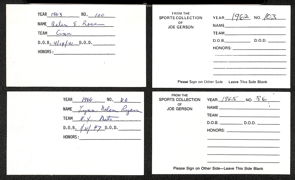 Lot of (4) Signed Baseball Index Cards (Nolan Ryan, Pete Rose, Jim Palmer, and Gaylord Perry)
