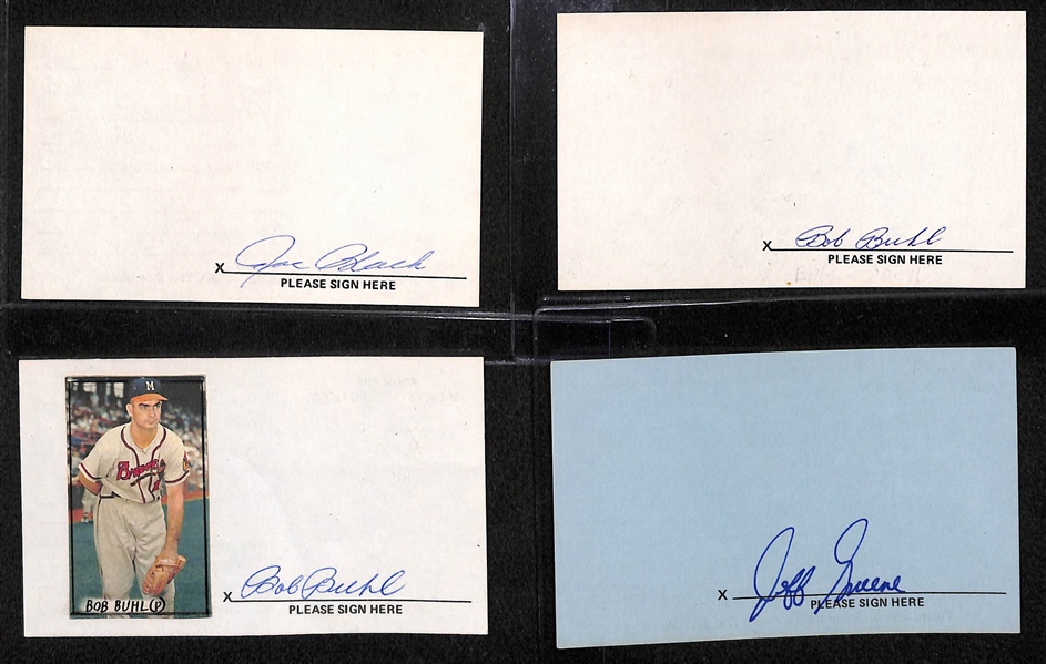 Lot of (14) Baseball Player Signed Index Cards (Mize, Colavito, Palmer, Erskine, Burdette, rare Lindsey Nelson, +)