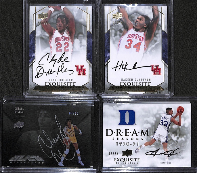 Lot of (4) Upper Deck Exquisite & UD Black Basketball Autographed Cards (Olajuwon, Drexler, Grant Hill, Cheryl Miller)