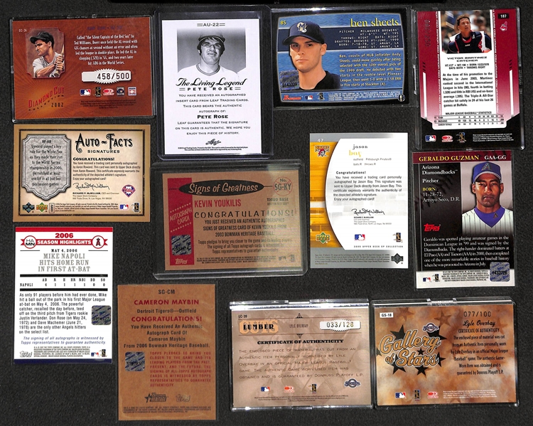Lot of Over 50 Certified Baseball Autographed Cards (w/ Bobby Doerr, Pete Rose, K. Youkilis)