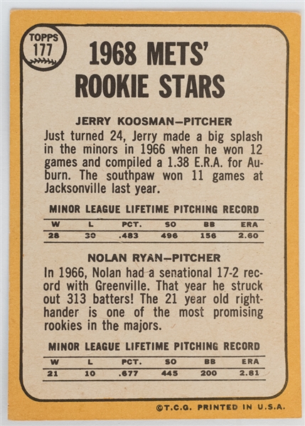 1968 Topps Nolan Ryan/Koosman Rookie Card - PSA 3