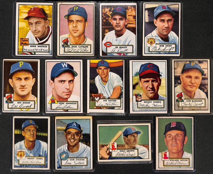 Lot of 13 - 1952 Topps Baseball Cards w. Eddie Waitkus