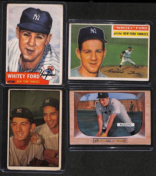 1953 and 1956 Topps Whitey Ford, 1953 Bowman Rizzuto/Martin, and 1955 Bowman Rizzuto