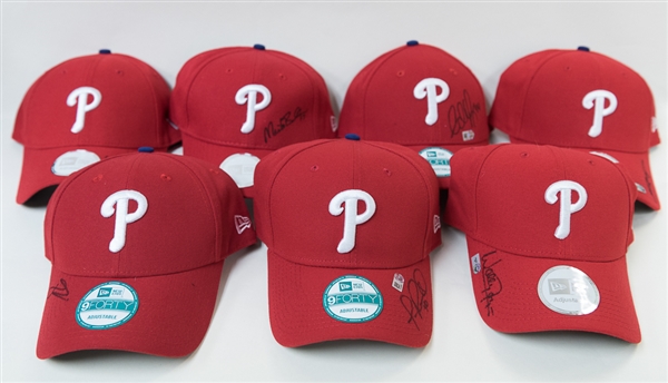 Lot of 7 Signed Phillies Player/Coach Hats (All MLB Certified) - with Wally Joyner and Erik Kratz