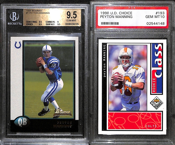 Lot of (2) Gem Mint Peyton Manning Rookies (Bowman BGS 9.5 and UD Choice PSA 10)