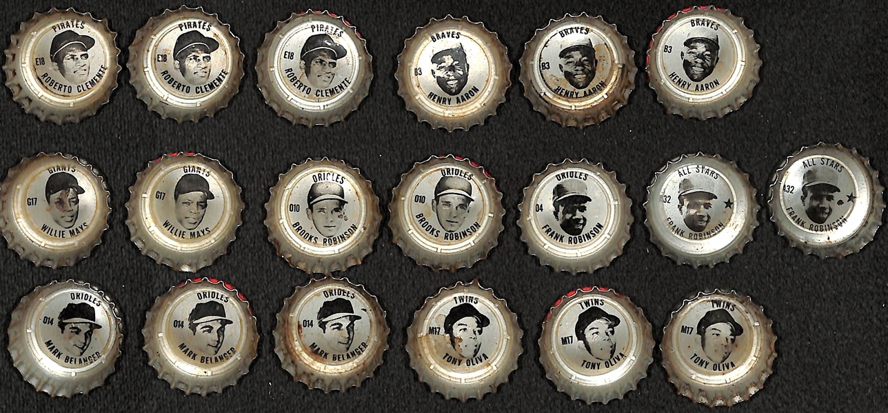 Lot of 19 1967-1968 Bottle Caps - Coke, Tab, Sprite - w. Clemente & Super Stars