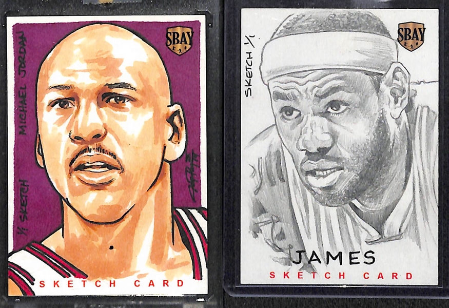 Lot of 2 - 2014 SBAY Artist's Sketch Cards - Both 1 of 1 - Michael Jordan & LeBron James
