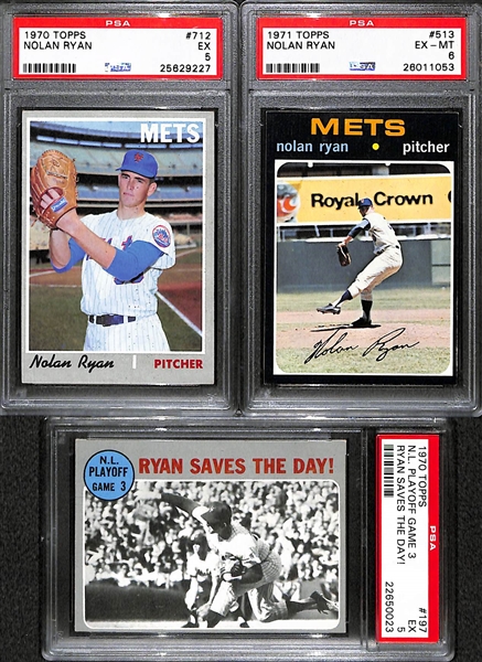 3-Card Nolan Ryan 1970 & 1971 Graded Topps Lot: 1970 (#712 Hi #) PSA 5; 1970 (#513) PSA 6 ; 1970 (#197) PSA 5 