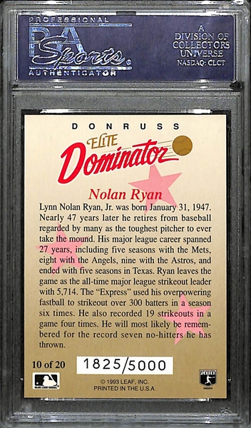 1993 Donruss Elite Dominator Nolan Ryan Autographed Card (PSA/DNA) #ed/5000