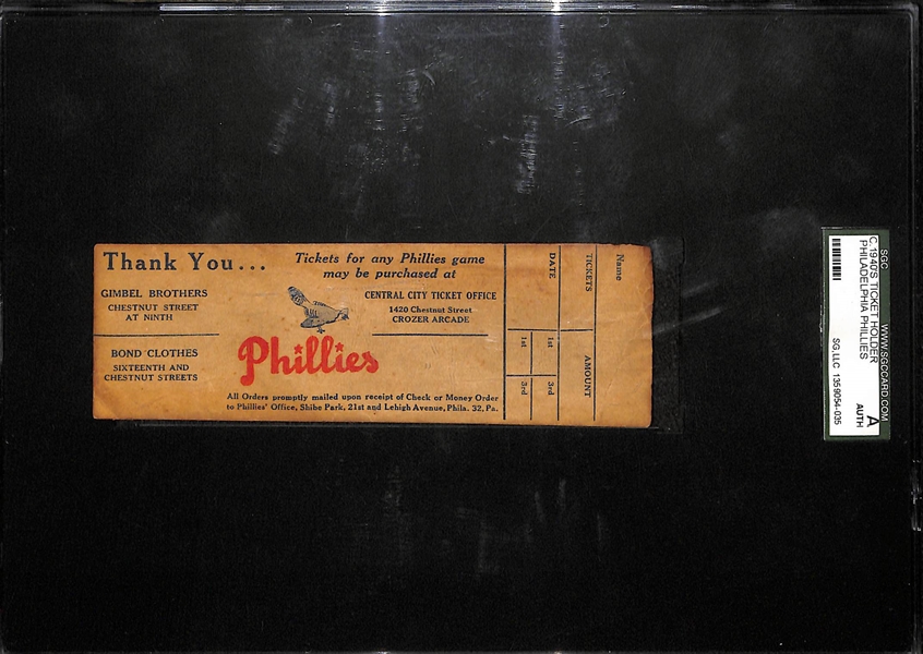 1940s Philadelphia Blue Jays Logo (RARE) Ticket Holder (SGC Authentic)