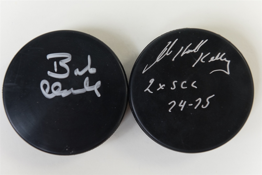  Flyers Autographed Hockey Puck Lot - Bob Clarke (JSA) & Bob The Hound Kelly