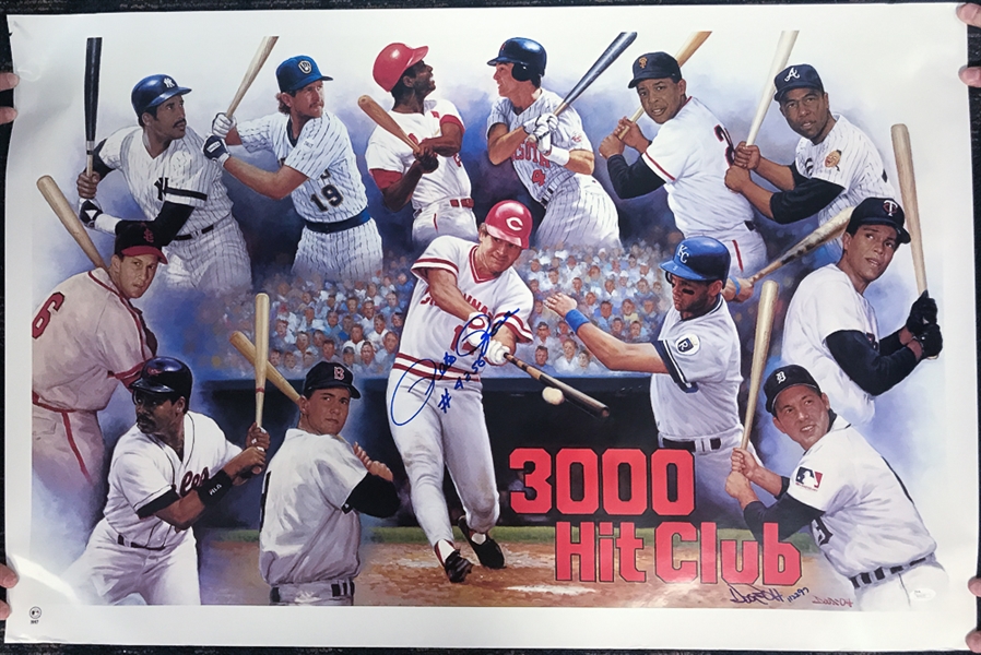 Pete Rose Signed 3000 Hit Club Poster (JSA COA) - Also Signed By the Artist (approx. 25 x 37)