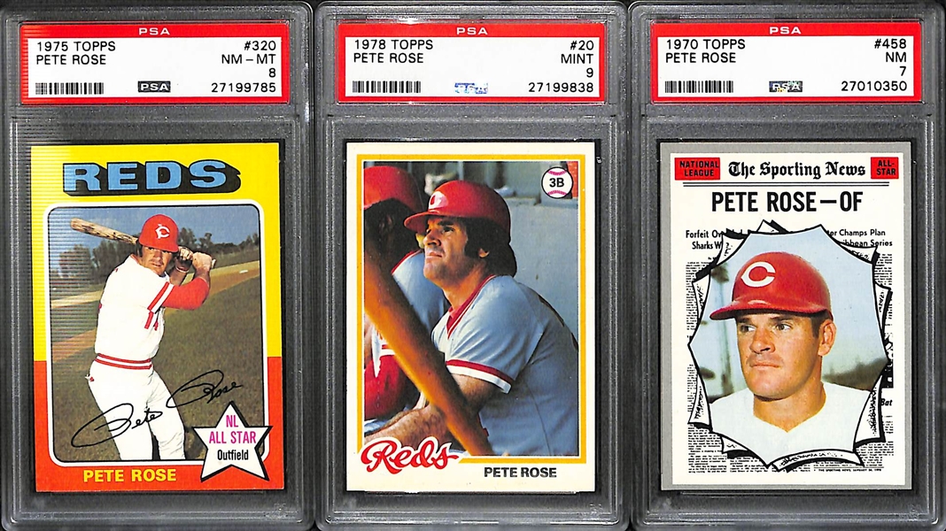 Lot of (3) High Grade 1970s Pete Rose Cards, 1970 Topps AS #458 PSA 7, 1975 Topps #320 PSA 8, and 1978 Topps #20 PSA 9