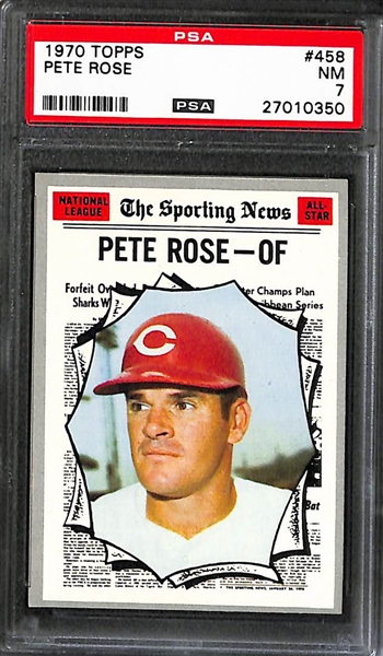 Lot of (3) High Grade 1970s Pete Rose Cards, 1970 Topps AS #458 PSA 7, 1975 Topps #320 PSA 8, and 1978 Topps #20 PSA 9