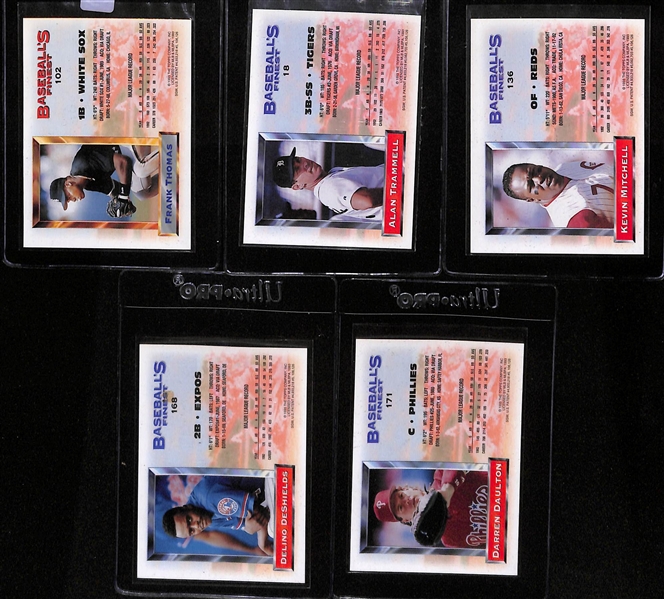 1993 Topps Finest Refractor Lot of (5) w/ Frank Thomas, Darren Daulton, Alan Trammell, Delino DeShields, and Kevin Mitchell.
