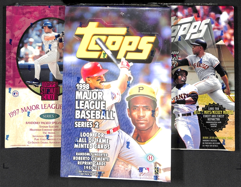 Lot of 3 Sealed Wax Hobby Boxes - 1997 Stadium Club Baseball Series 2, 1997 Topps Baseball Series 2, 1998 Topps Baseball Series 2