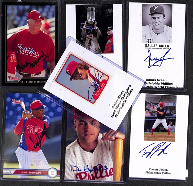 Lot of 35 Phillies Autograph 4 x 6 Photo Cards & Cuts w. Manuel, Gillick (HOF), Dallas Green, Samuel, Hollins, Tommy Joseph, more!