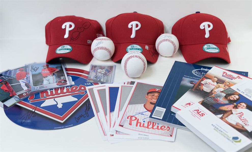 HUGE Lot of Phillies Autographs (3 Hats, 1 Card, 3 Basballs, 1 Magnet, 1 Magazine, 3 Postcard 4x6 Cards, 17 Magazine Photos) and Magazines.  Autographs include JP Crawford, Aaron Altherr, Jerad...
