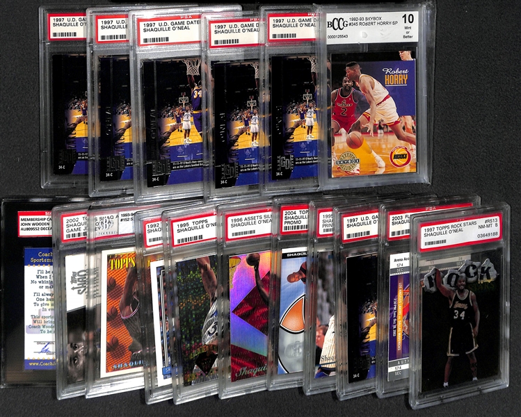 Lot of (18) Basketball Graded/Slabbed Cards w/ John Wooden Autograph and Shaquille O'Neal Jersey/Inserts