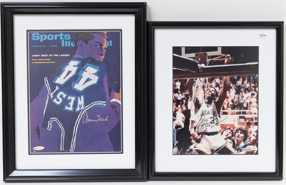 Lot of (2) Magic Johnson and Jerry West Signed/Framed Photo Displays - UDA COA