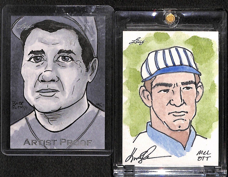 Hand-Drawn Lot of (2) Leaf 1/1 Artist Proof Original Sketch Cards of Babe Ruth and Mel Ott