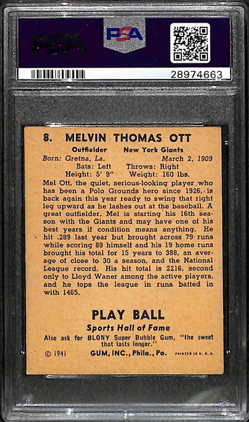 1941 Play Ball Mel Ott (HOF) Graded PSA 4 (VG-EX)