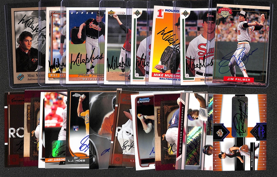 Lot of (20) Signed Orioles Cards w/ Jim Palmer, (7) Mike Mussina, Rick Dempsey, and Nick Markakis